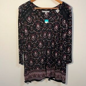 Daniel Rainn women’s top blouse plus size 1X  black red crochet pleated  knit